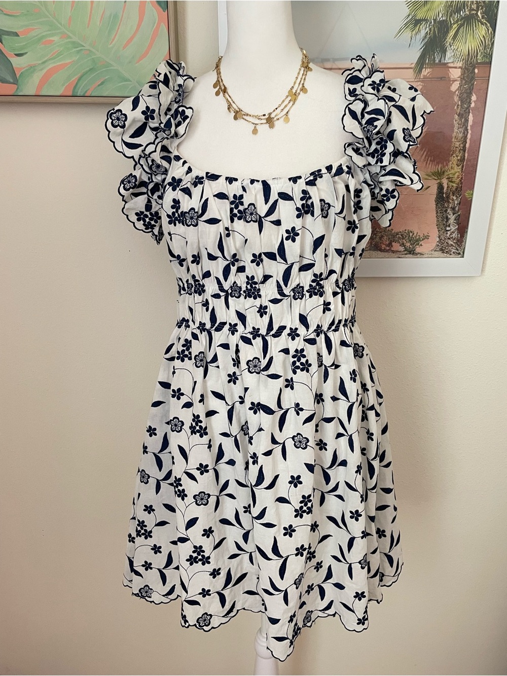 Blue Tassel Floral Embroidered Ruffle Channeled Mini Dress in XS